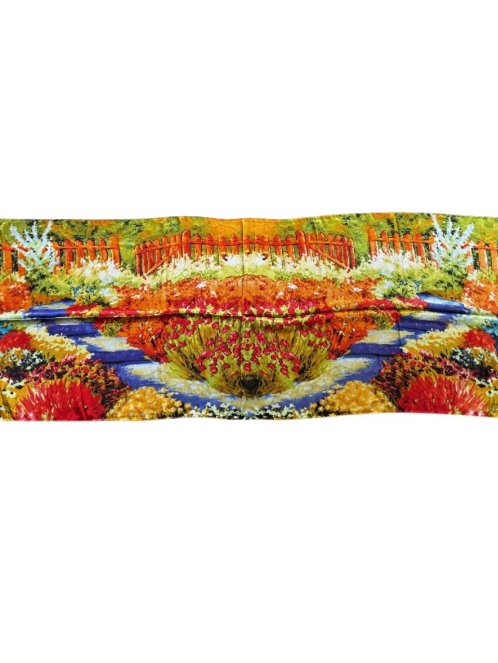 Silk Satin Impressionist Style Scarf with Garden Scene